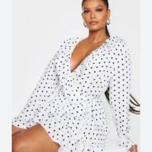 White polka dot frill detail wrap dress